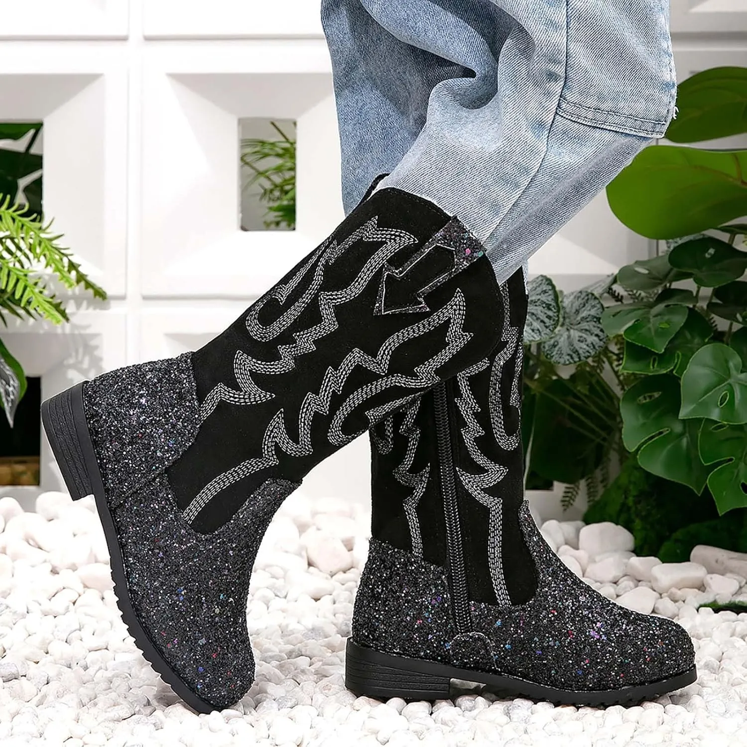 Girls Winter Boots Toddler Kids Glitter Cowgirl Boot Sparkling Fleece Lined Outdoor Cowboy Boots Western Riding Shoes