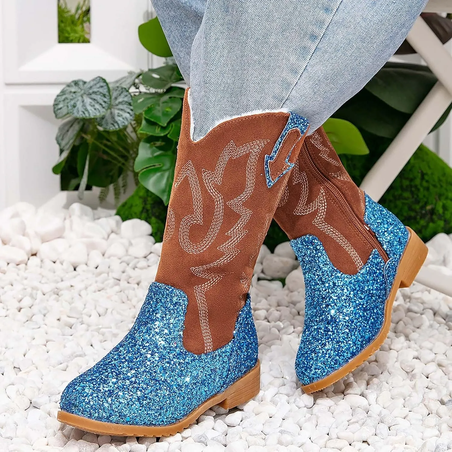 Girls Winter Boots Toddler Kids Glitter Cowgirl Boot Sparkling Fleece Lined Outdoor Cowboy Boots Western Riding Shoes