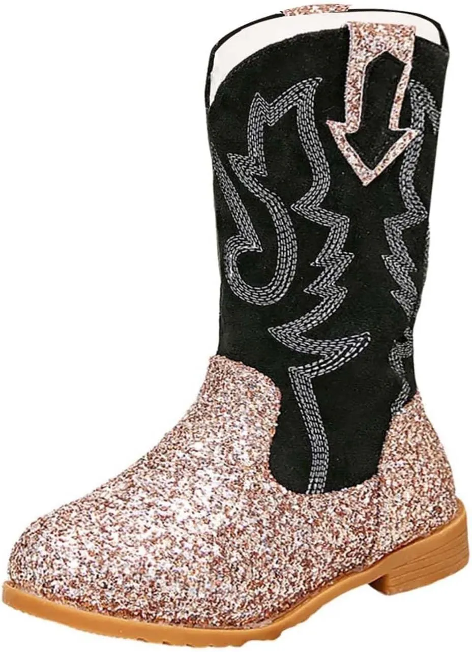 Girls Winter Boots Toddler Kids Glitter Cowgirl Boot Sparkling Fleece Lined Outdoor Cowboy Boots Western Riding Shoes
