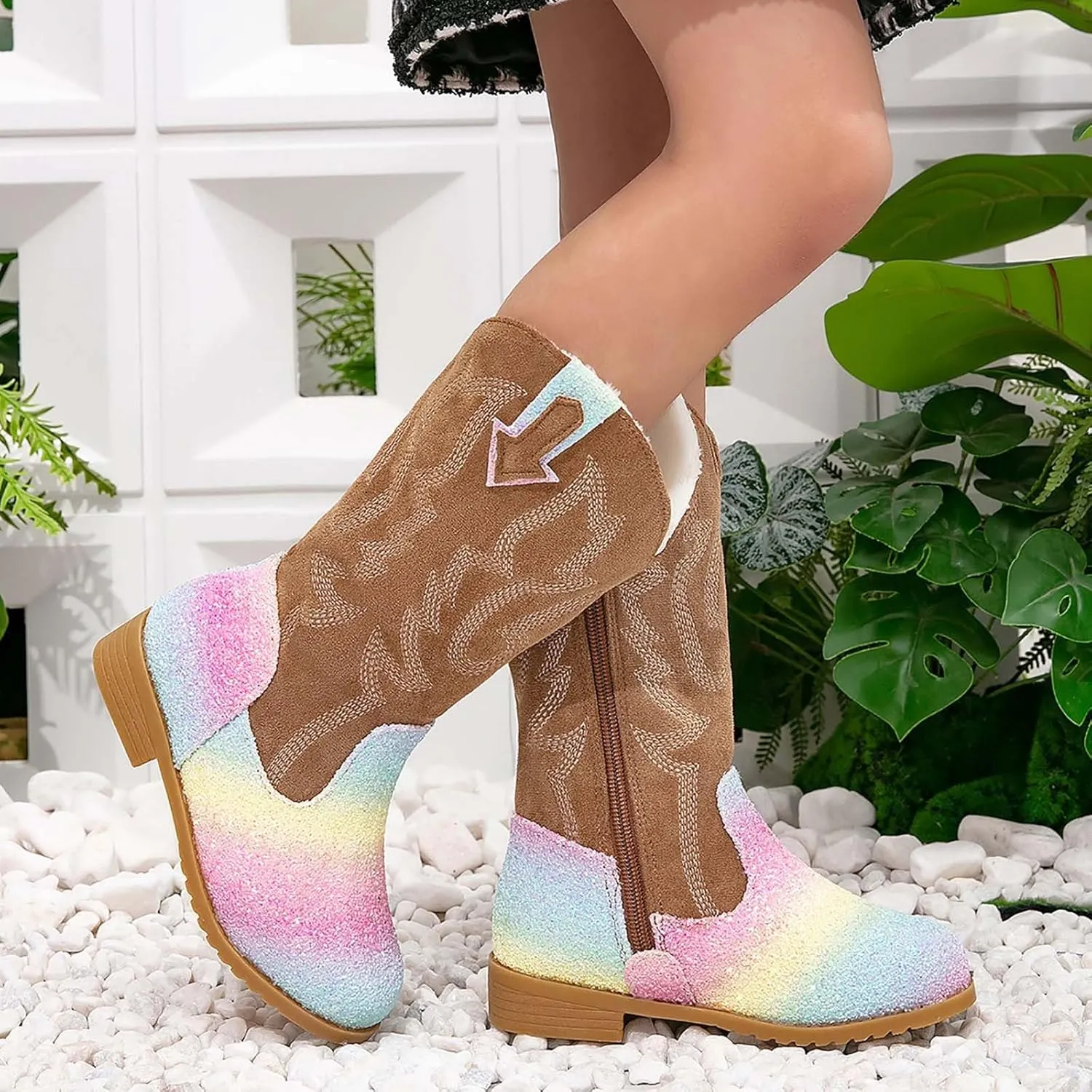 Girls Winter Boots Toddler Kids Glitter Cowgirl Boot Sparkling Fleece Lined Outdoor Cowboy Boots Western Riding Shoes