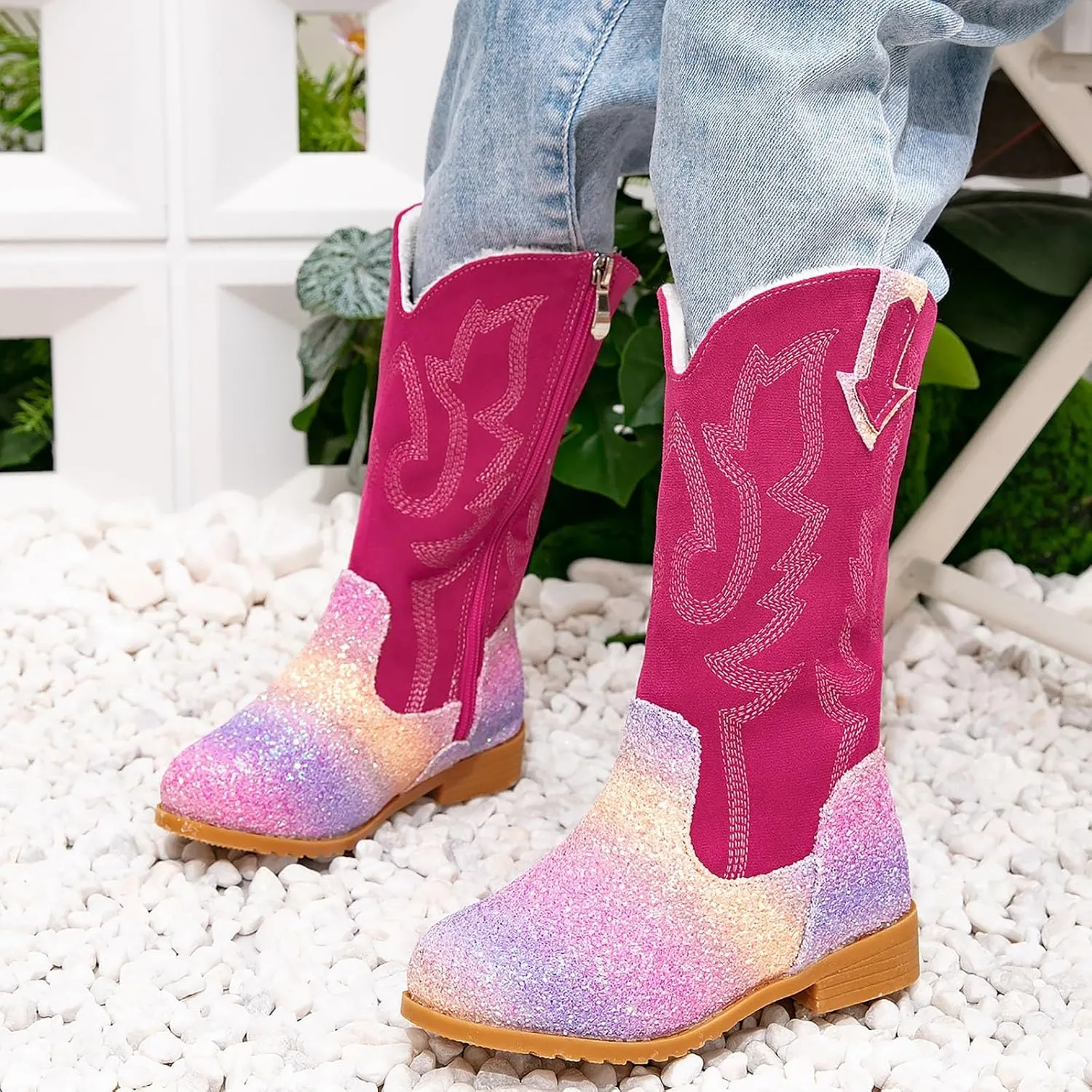 Girls Winter Boots Toddler Kids Glitter Cowgirl Boot Sparkling Fleece Lined Outdoor Cowboy Boots Western Riding Shoes