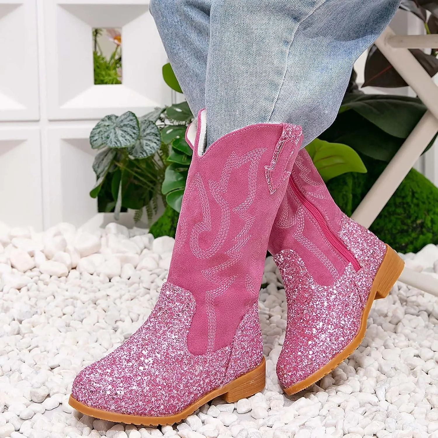 Girls Winter Boots Toddler Kids Glitter Cowgirl Boot Sparkling Fleece Lined Outdoor Cowboy Boots Western Riding Shoes