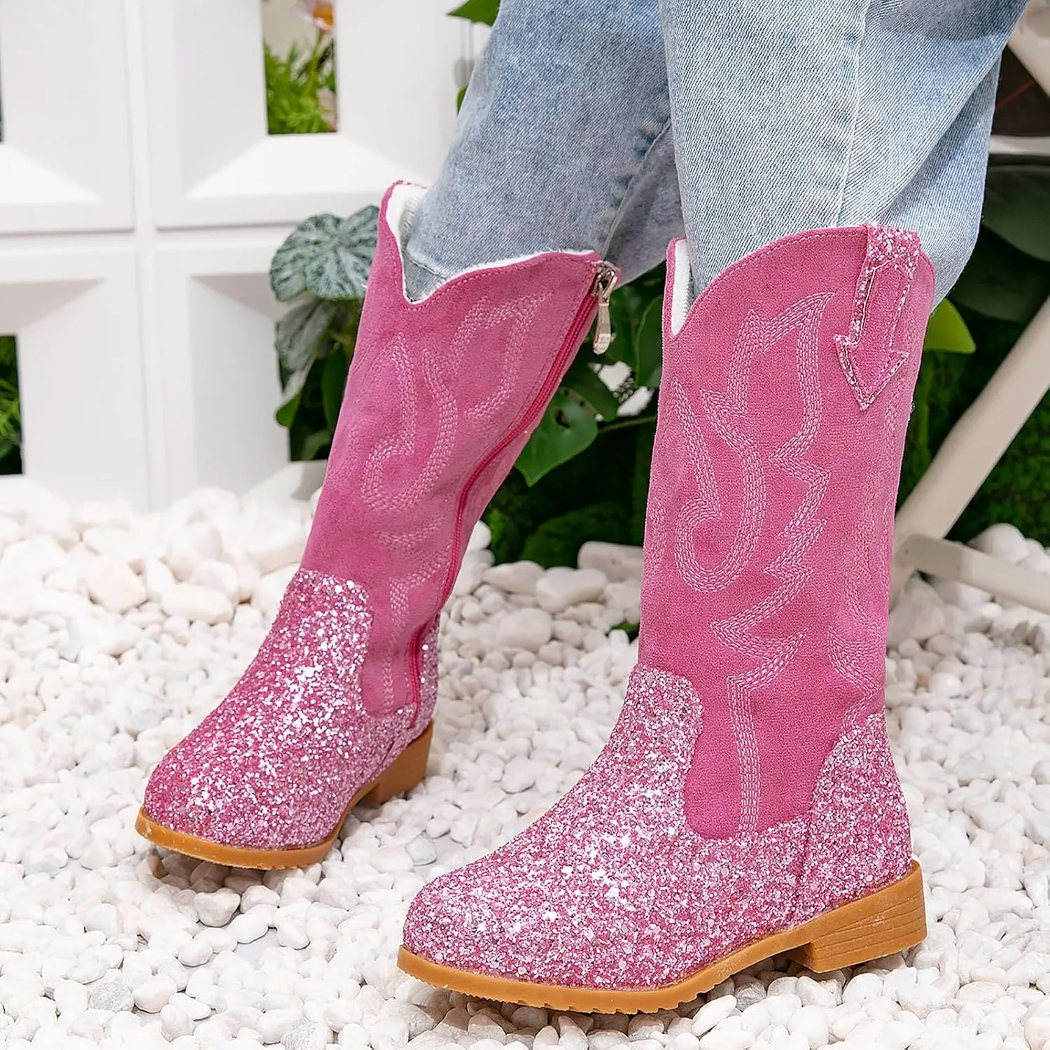 Girls Winter Boots Toddler Kids Glitter Cowgirl Boot Sparkling Fleece Lined Outdoor Cowboy Boots Western Riding Shoes