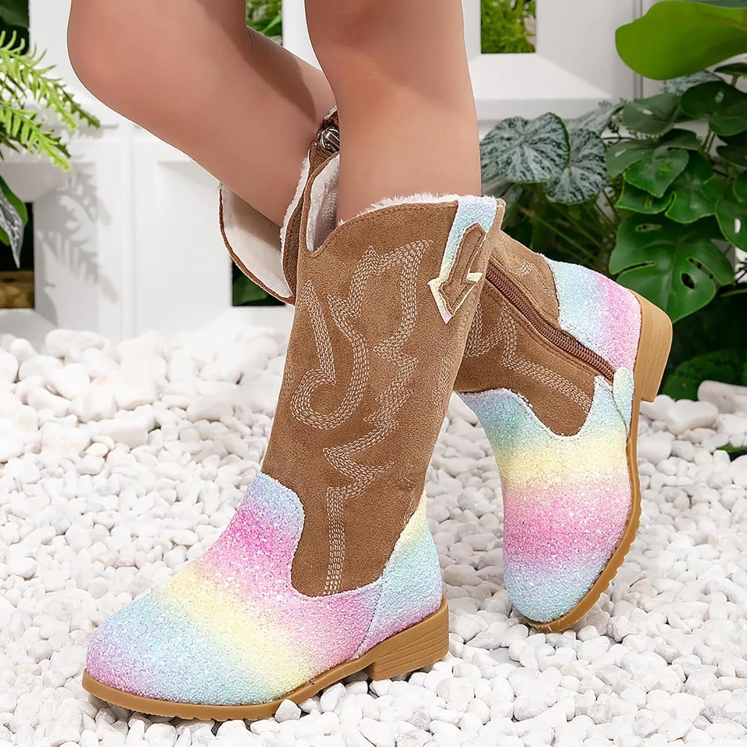 Girls Winter Boots Toddler Kids Glitter Cowgirl Boot Sparkling Fleece Lined Outdoor Cowboy Boots Western Riding Shoes