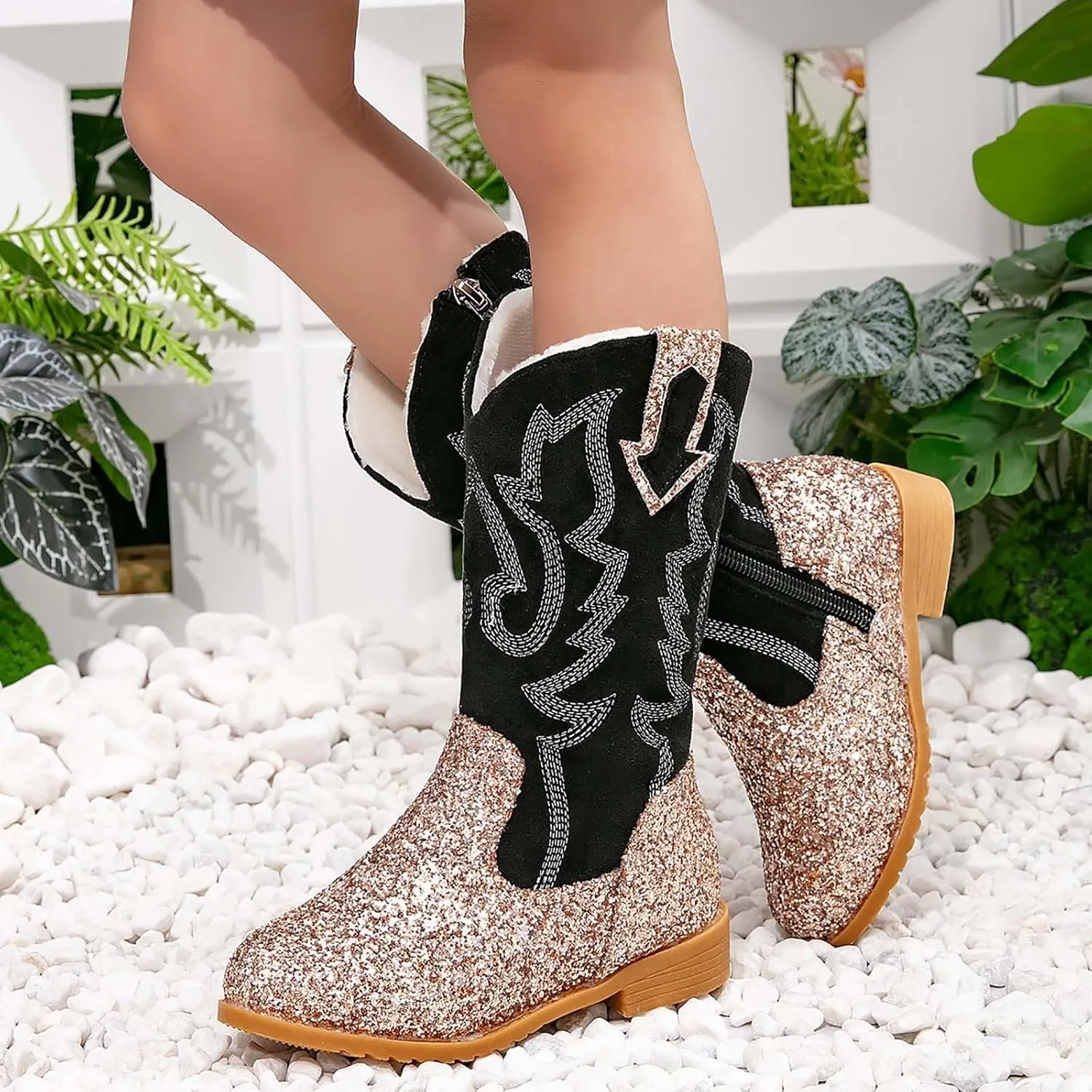 Girls Winter Boots Toddler Kids Glitter Cowgirl Boot Sparkling Fleece Lined Outdoor Cowboy Boots Western Riding Shoes