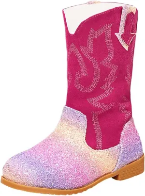 Girls Winter Boots Toddler Kids Glitter Cowgirl Boot Sparkling Fleece Lined Outdoor Cowboy Boots Western Riding Shoes