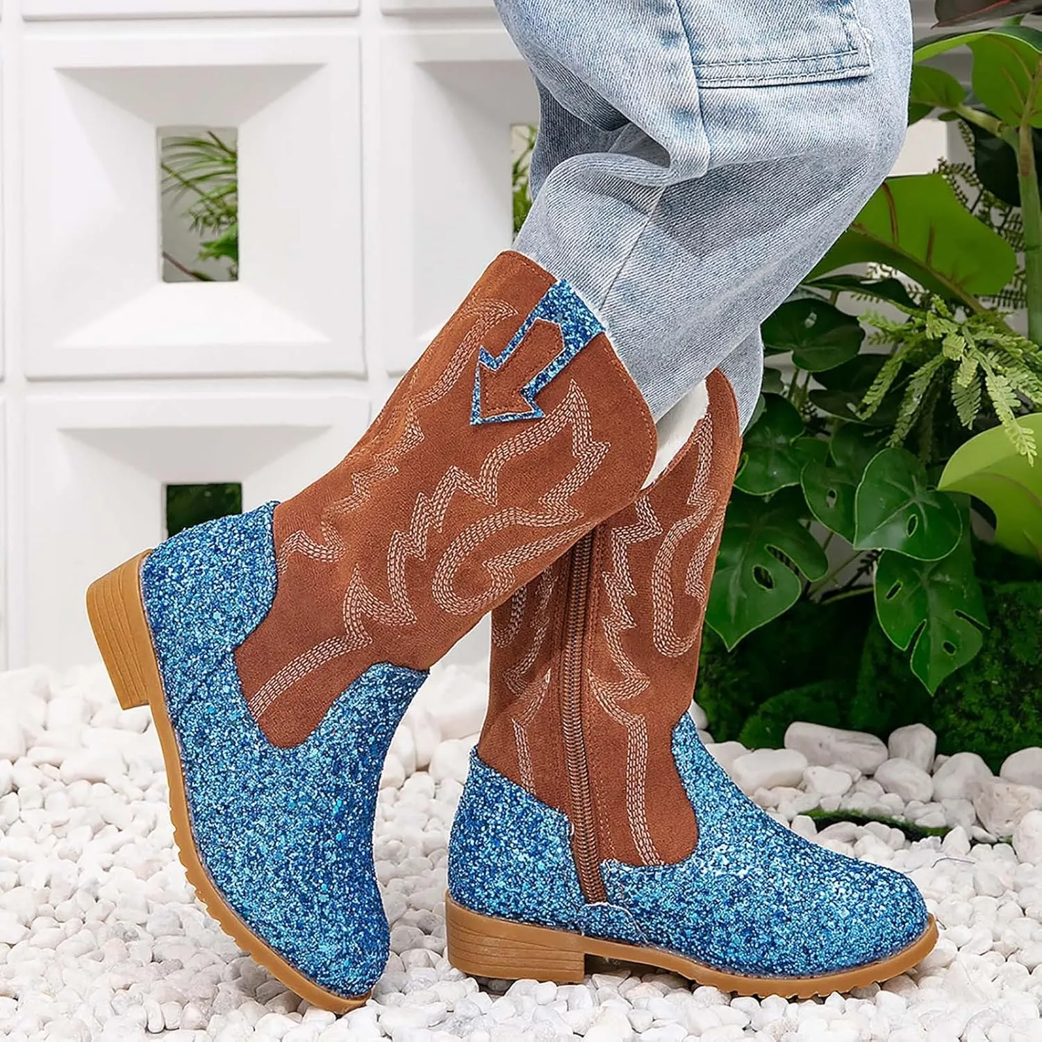 Girls Winter Boots Toddler Kids Glitter Cowgirl Boot Sparkling Fleece Lined Outdoor Cowboy Boots Western Riding Shoes