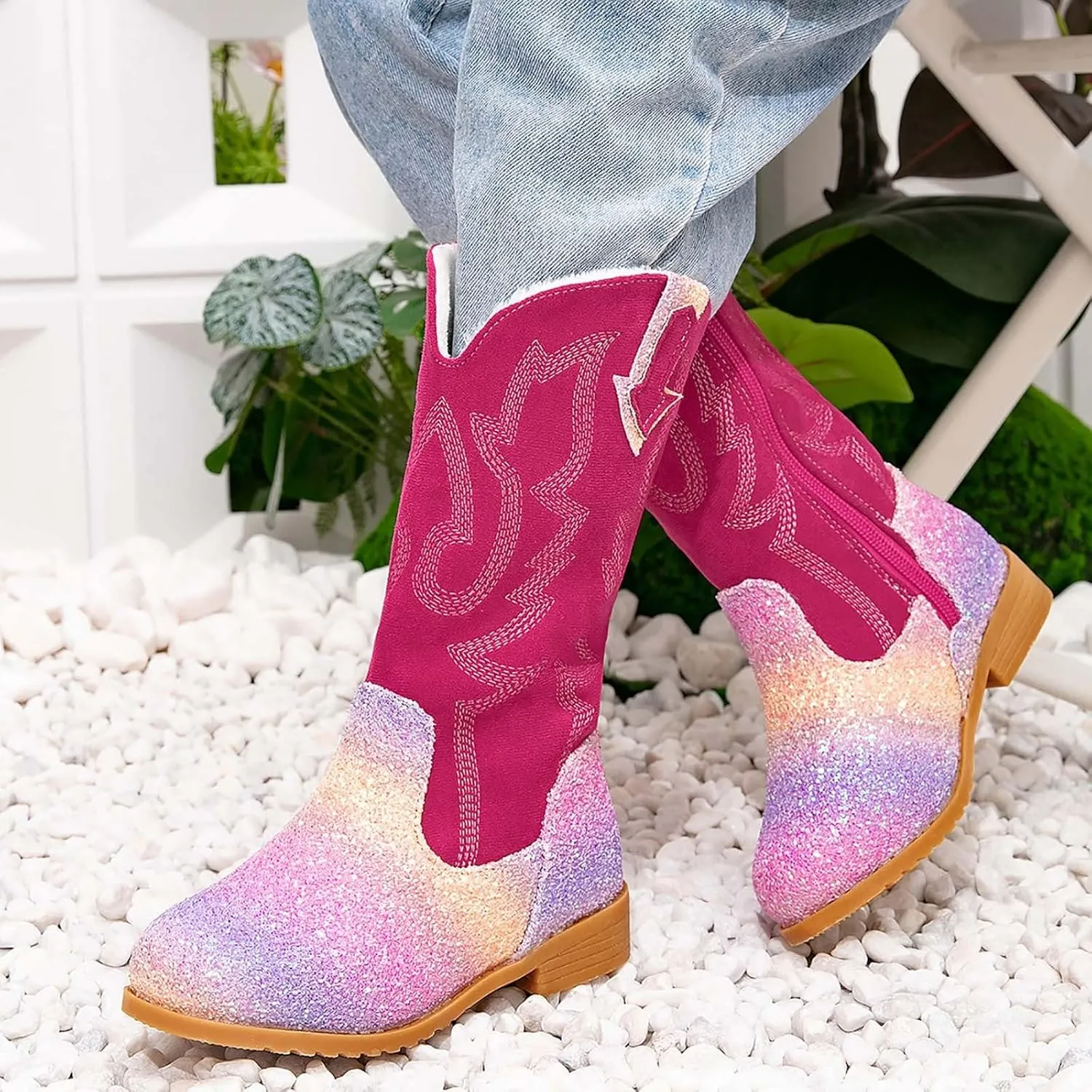 Girls Winter Boots Toddler Kids Glitter Cowgirl Boot Sparkling Fleece Lined Outdoor Cowboy Boots Western Riding Shoes