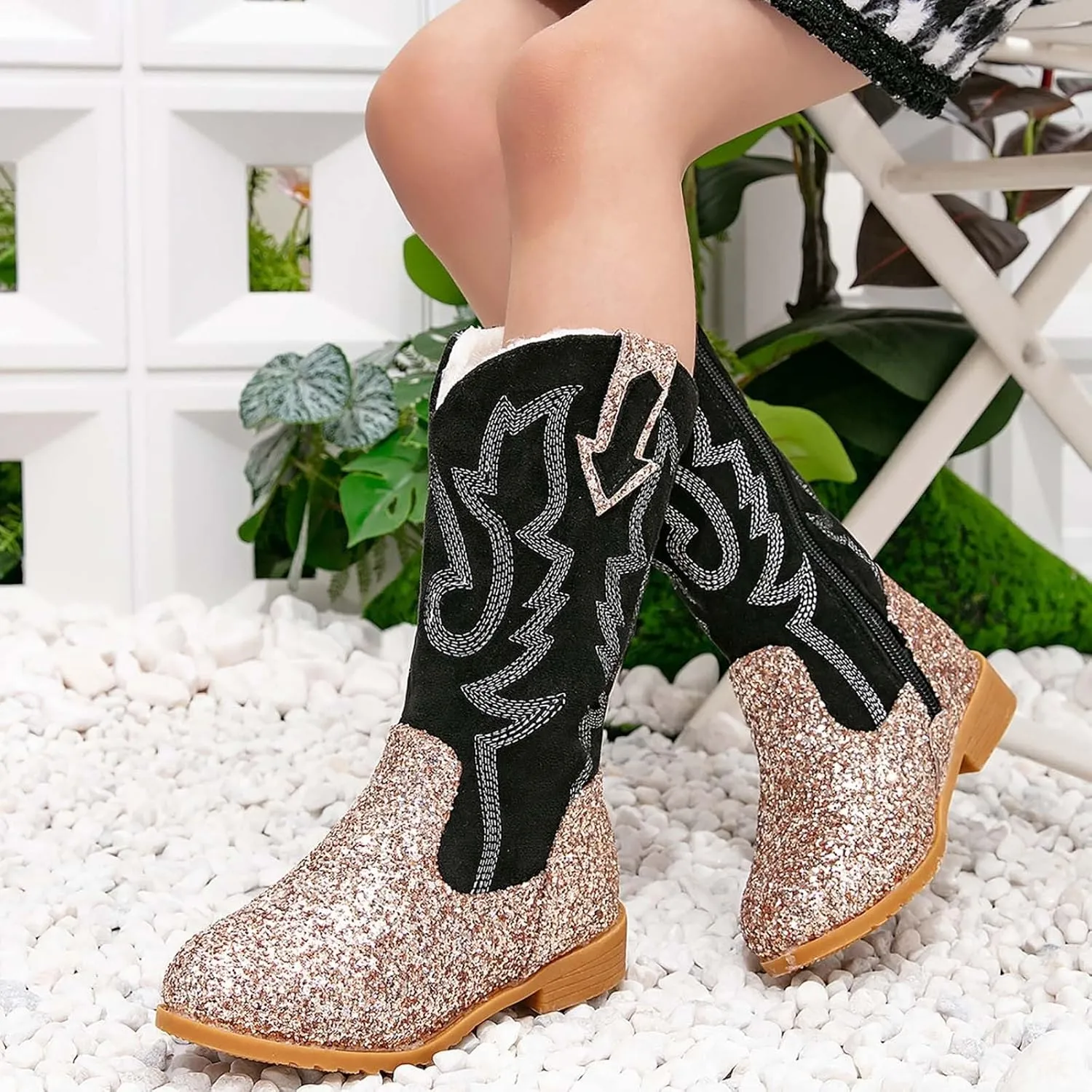 Girls Winter Boots Toddler Kids Glitter Cowgirl Boot Sparkling Fleece Lined Outdoor Cowboy Boots Western Riding Shoes