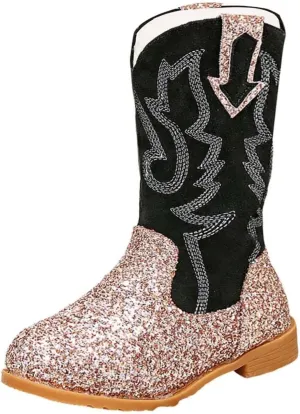 Girls Winter Boots Toddler Kids Glitter Cowgirl Boot Sparkling Fleece Lined Outdoor Cowboy Boots Western Riding Shoes
