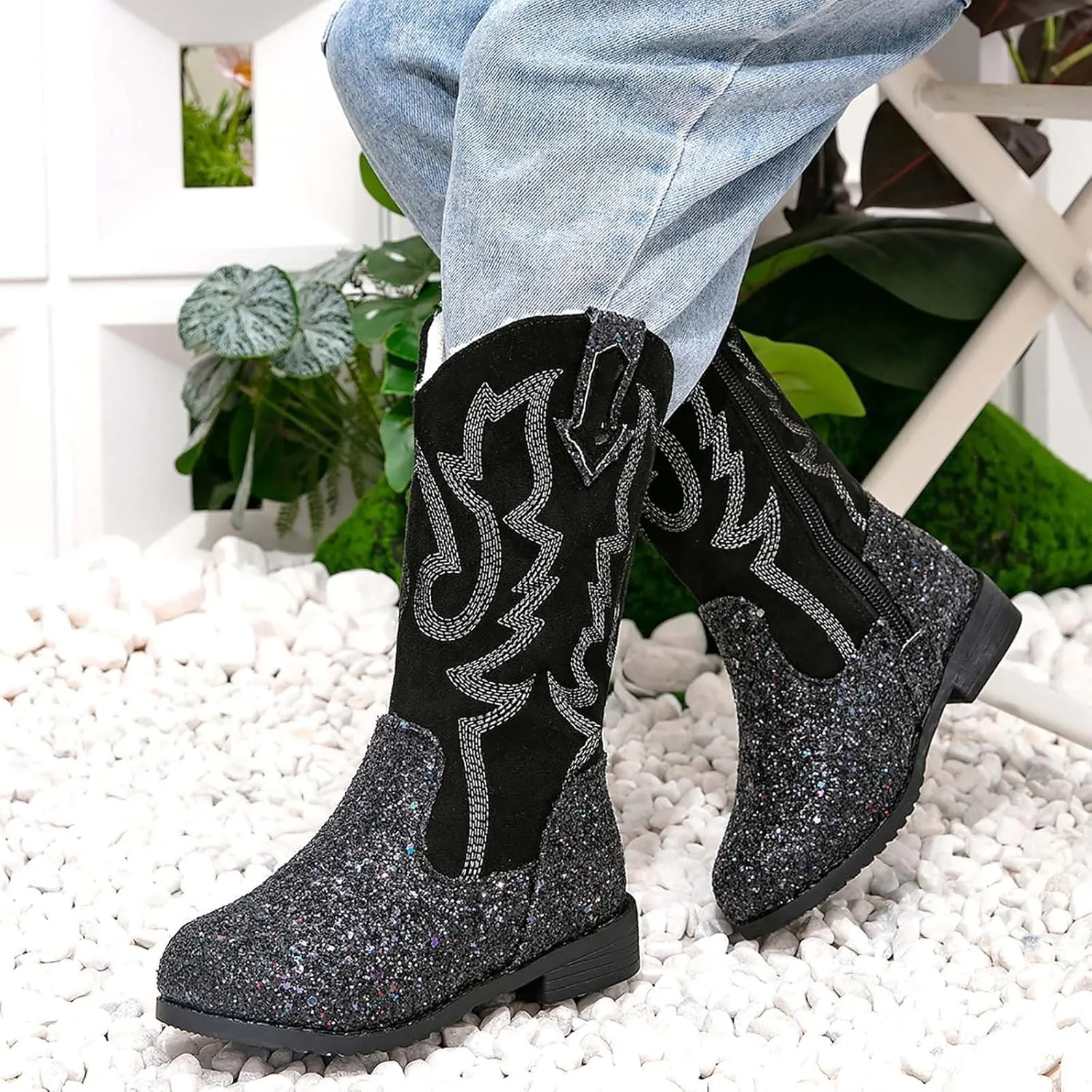 Girls Winter Boots Toddler Kids Glitter Cowgirl Boot Sparkling Fleece Lined Outdoor Cowboy Boots Western Riding Shoes