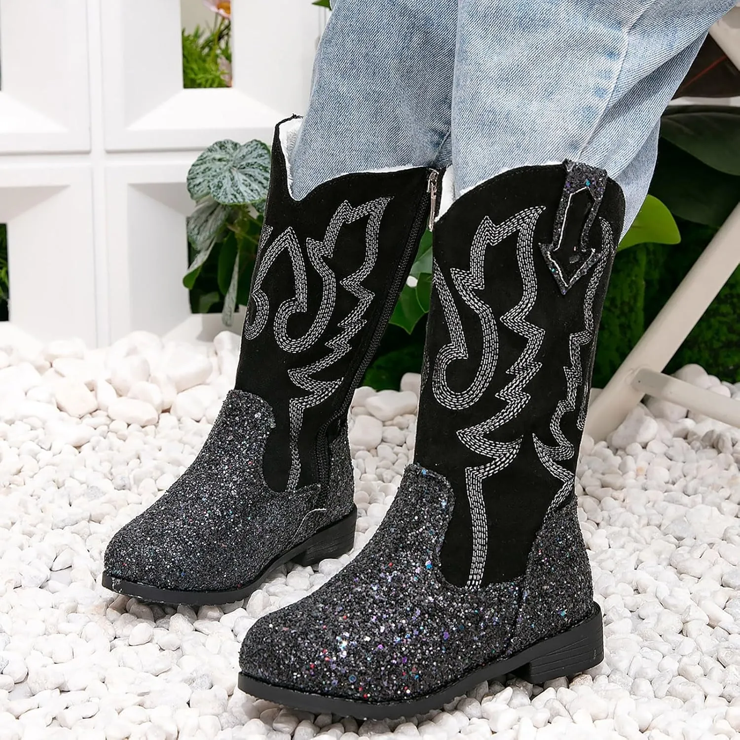 Girls Winter Boots Toddler Kids Glitter Cowgirl Boot Sparkling Fleece Lined Outdoor Cowboy Boots Western Riding Shoes