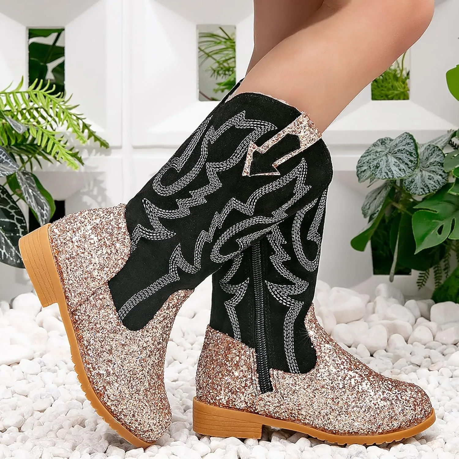 Girls Winter Boots Toddler Kids Glitter Cowgirl Boot Sparkling Fleece Lined Outdoor Cowboy Boots Western Riding Shoes
