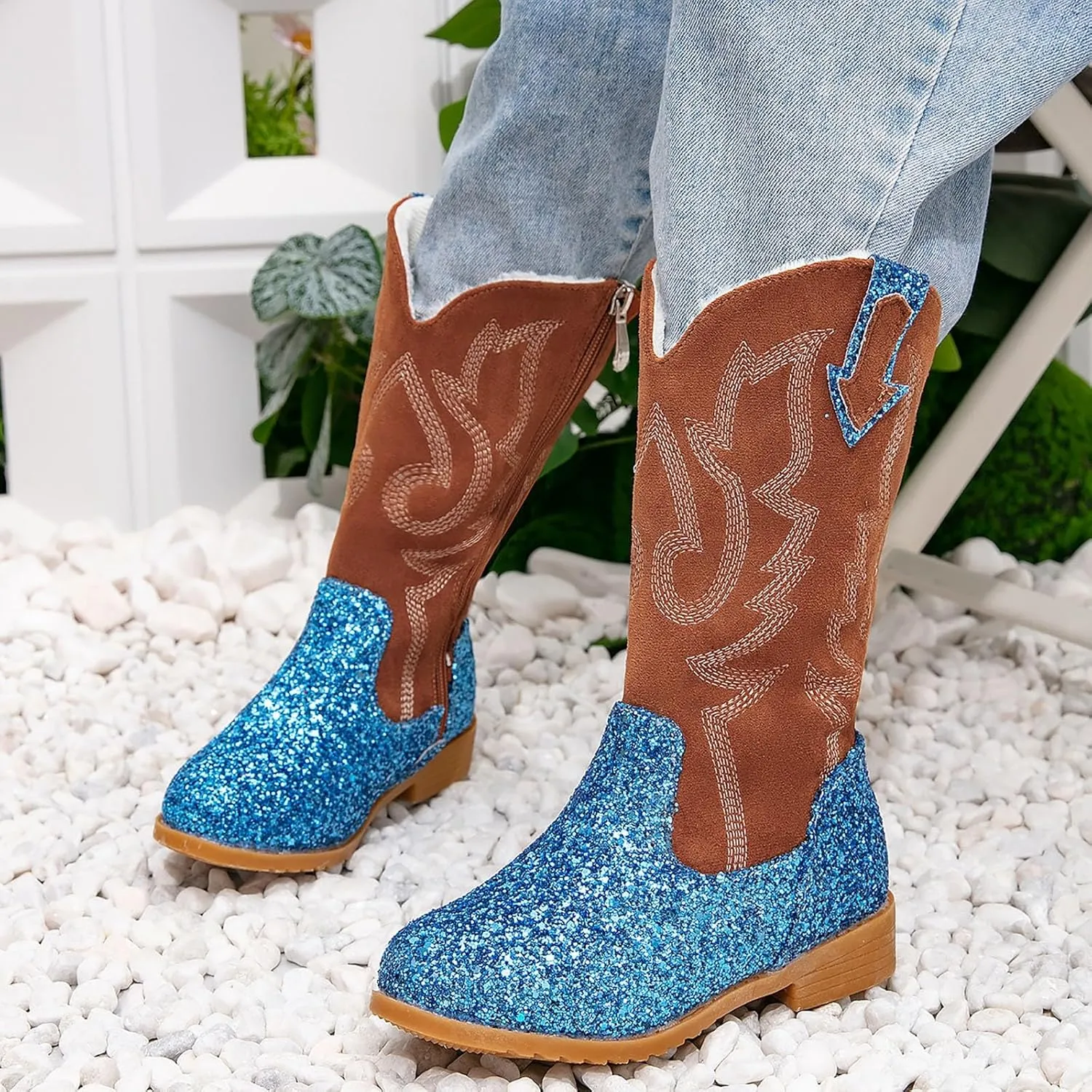 Girls Winter Boots Toddler Kids Glitter Cowgirl Boot Sparkling Fleece Lined Outdoor Cowboy Boots Western Riding Shoes
