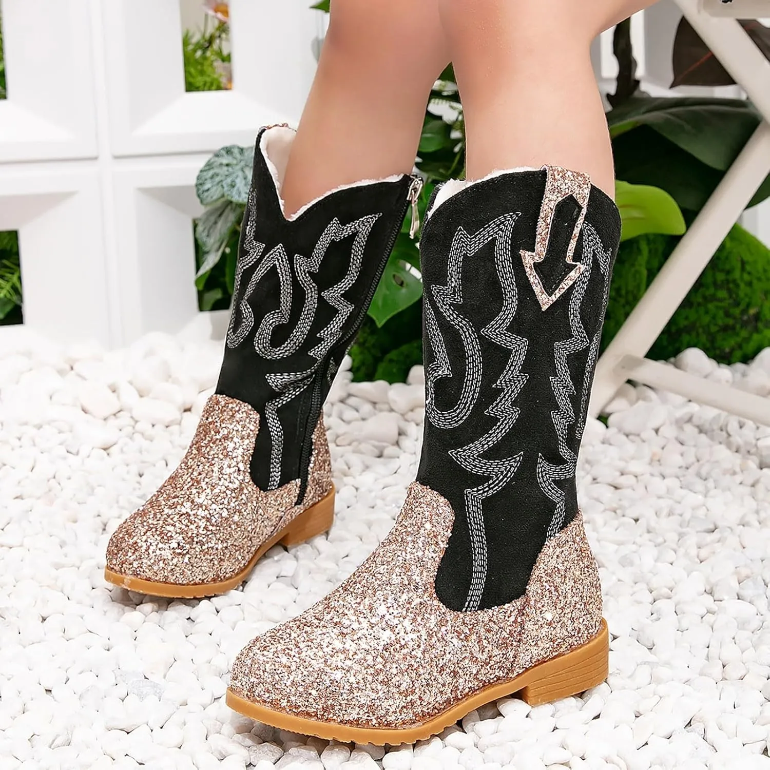 Girls Winter Boots Toddler Kids Glitter Cowgirl Boot Sparkling Fleece Lined Outdoor Cowboy Boots Western Riding Shoes
