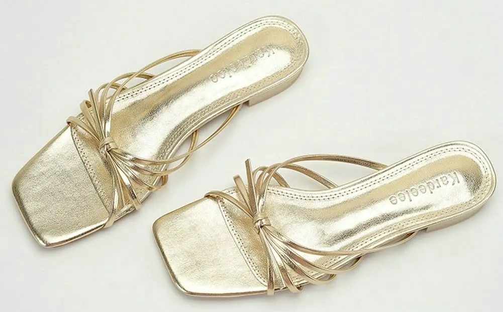 Gold Strappy Heel Sandals for Women Chunky Low Block Heel Square Open Toe Mules Fashion Party Dress Heeled Sandals