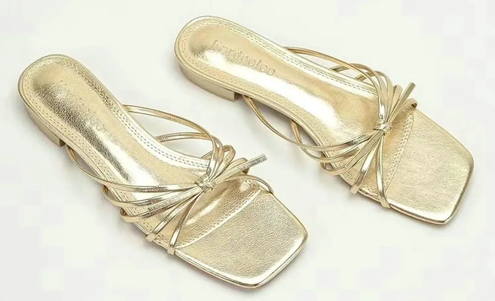 Gold Strappy Heel Sandals for Women Chunky Low Block Heel Square Open Toe Mules Fashion Party Dress Heeled Sandals