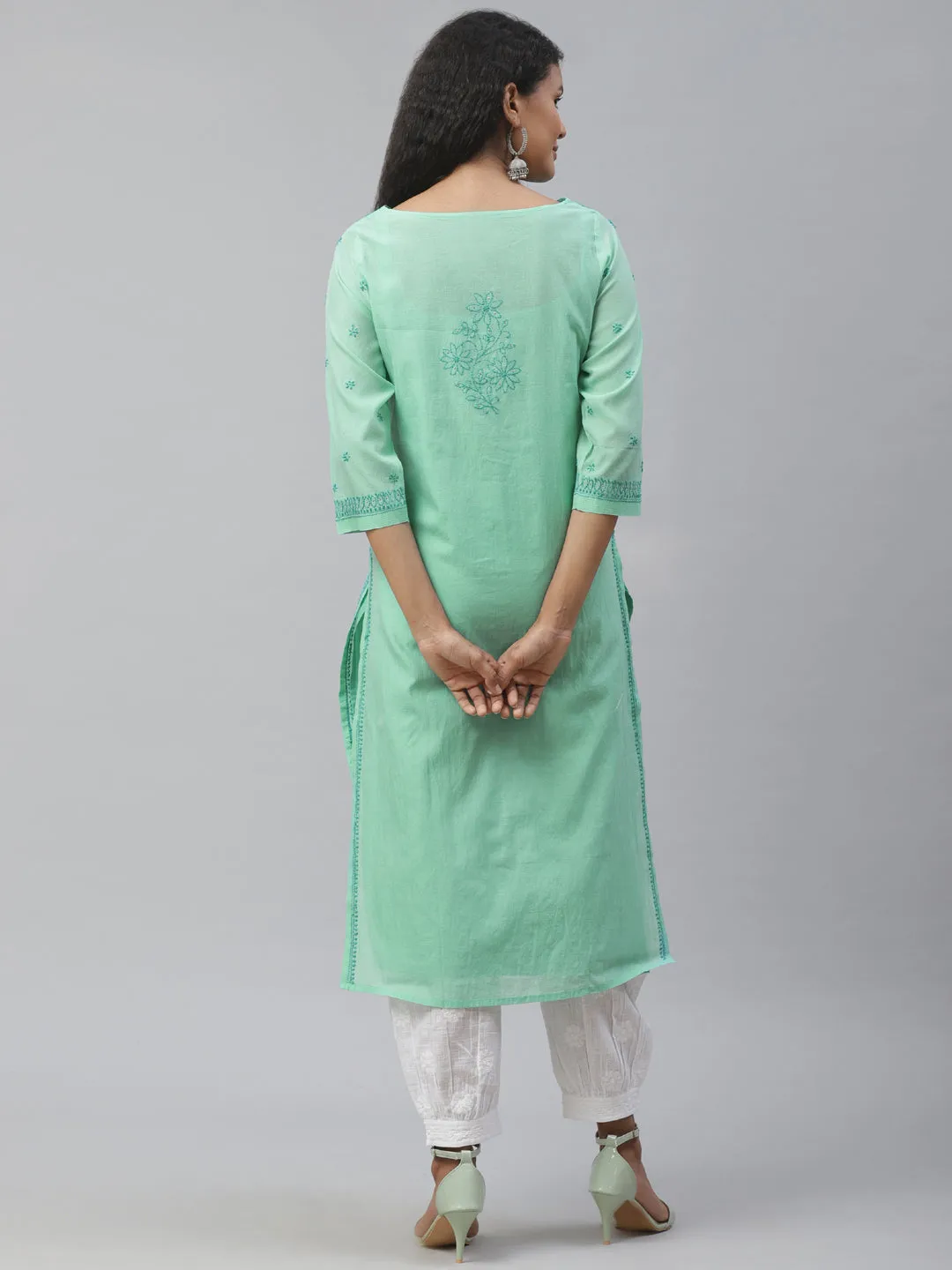 Green Chanderi Boat Neck Embroidered Kurta