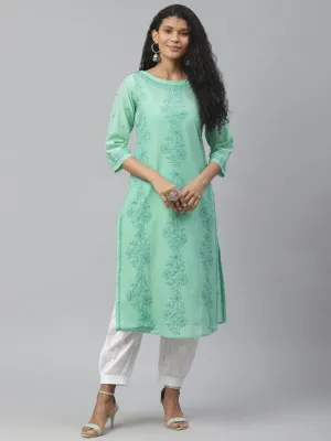 Green Chanderi Boat Neck Embroidered Kurta