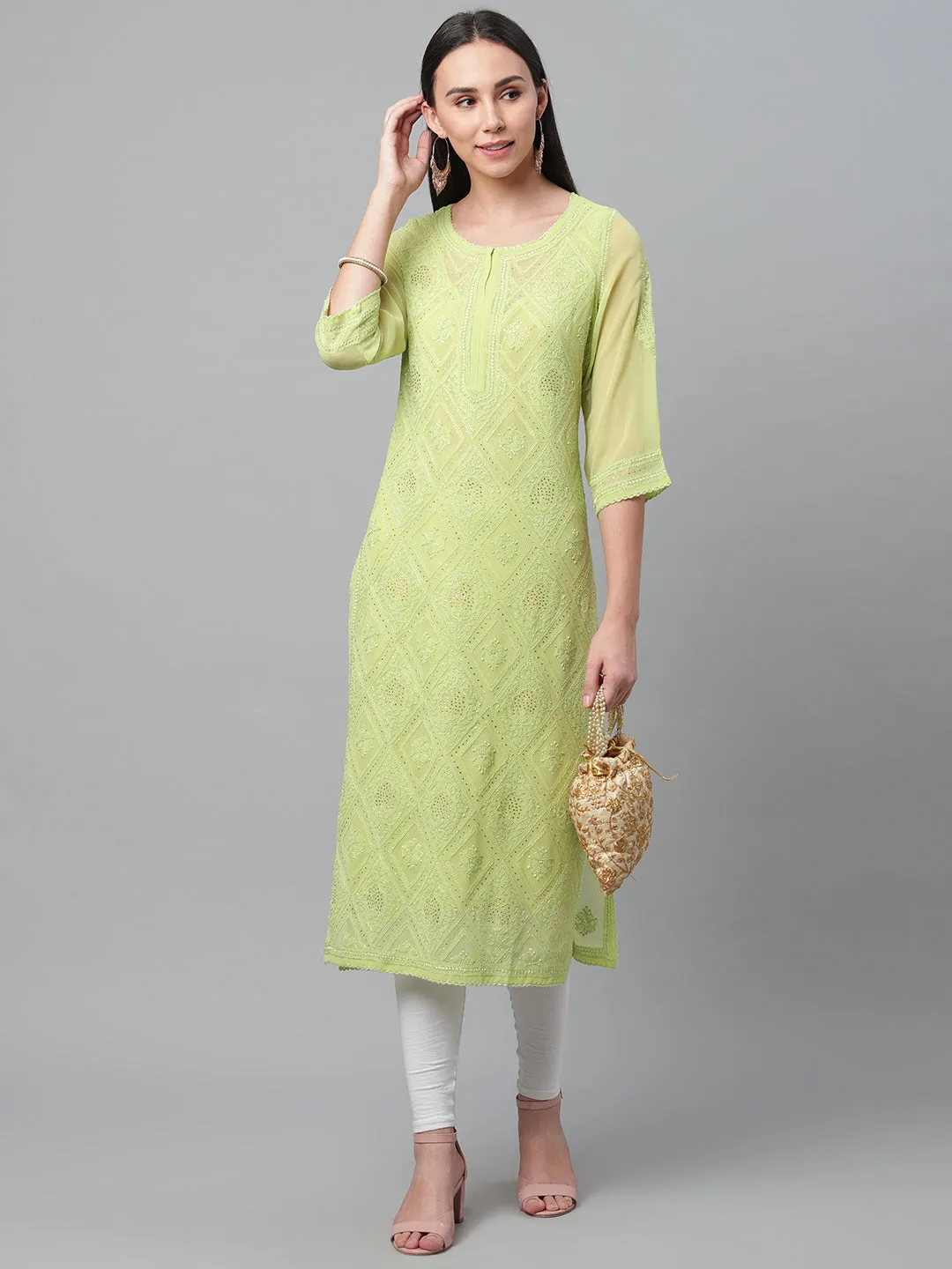 Green Georgette Chikankari Kurta