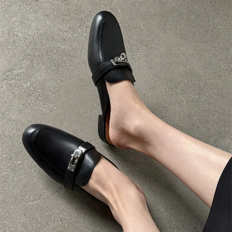 Handmade Leather Loafer Mules for Women Backless Flats Slippers in Black/Beige