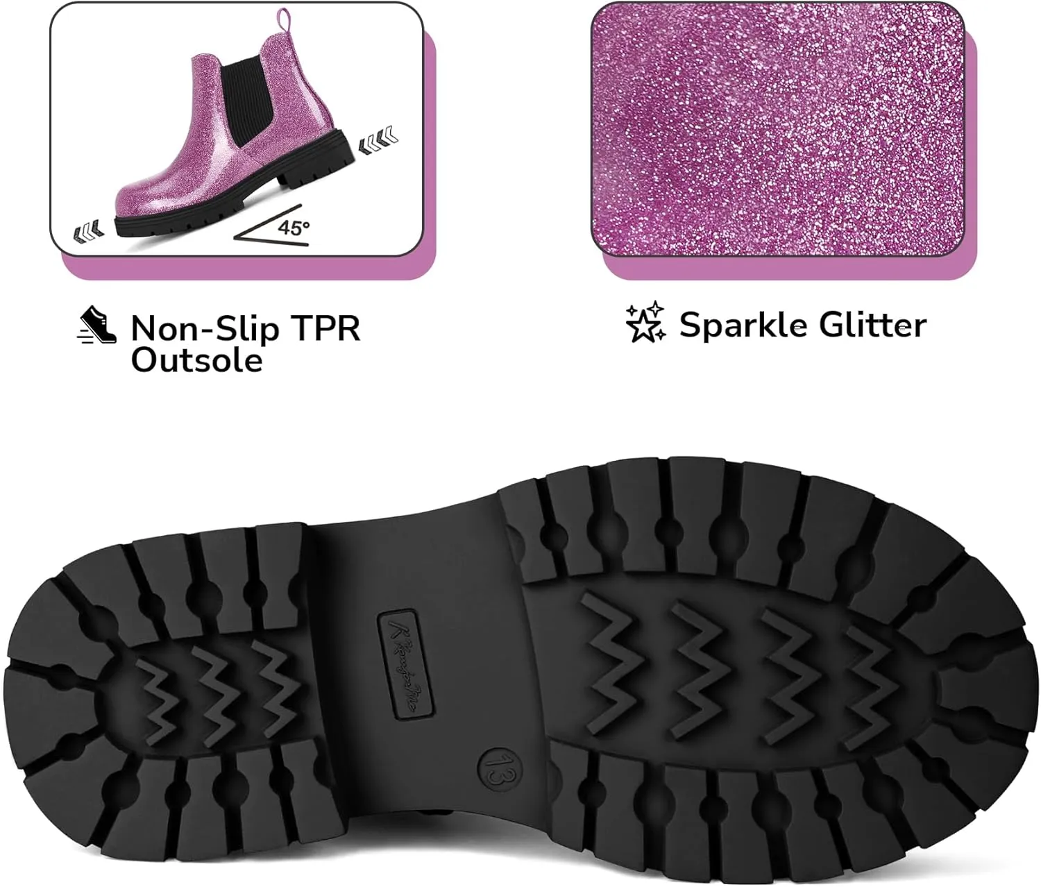 K KomForme Girls Glitter Ankle Boots Side Zipper Chelsea Booties Lug Sole (Toddler/Little Kids/Big Kids)