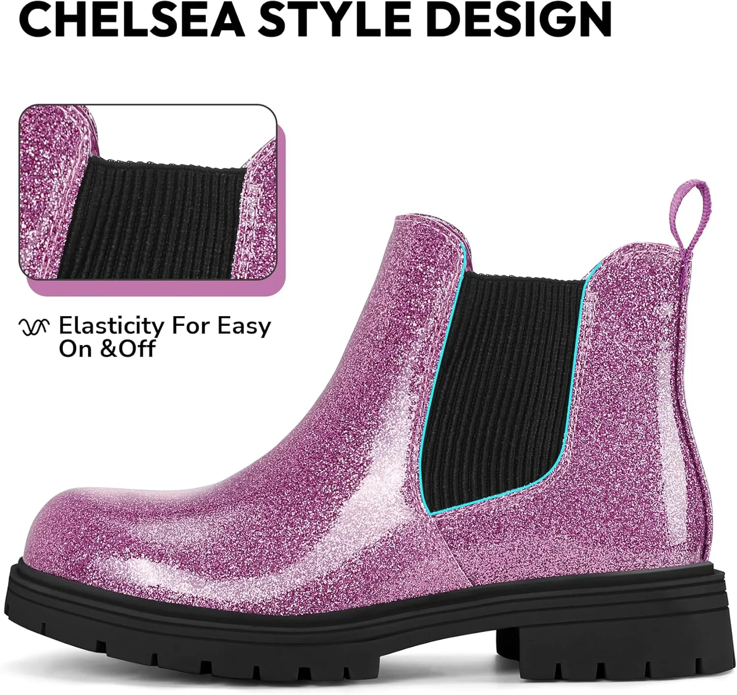 K KomForme Girls Glitter Ankle Boots Side Zipper Chelsea Booties Lug Sole (Toddler/Little Kids/Big Kids)