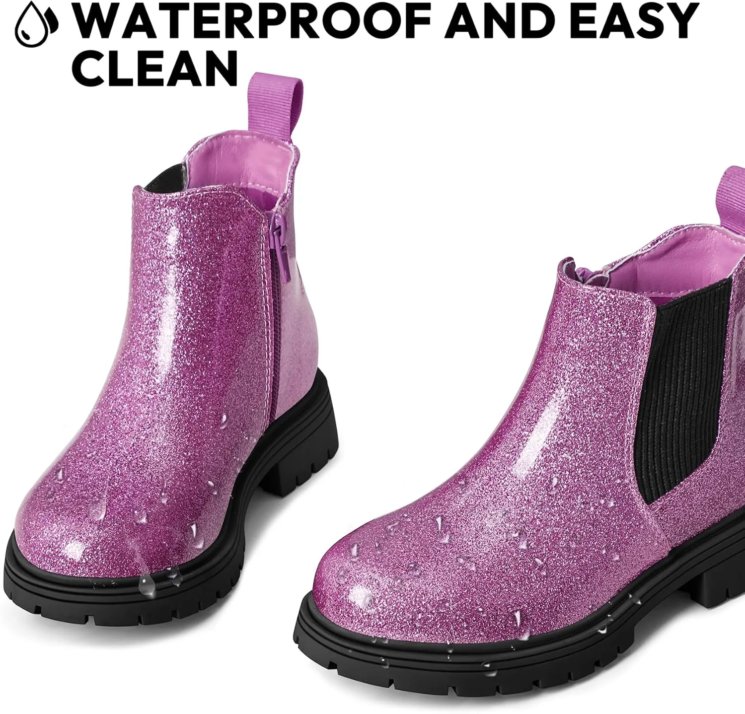 K KomForme Girls Glitter Ankle Boots Side Zipper Chelsea Booties Lug Sole (Toddler/Little Kids/Big Kids)