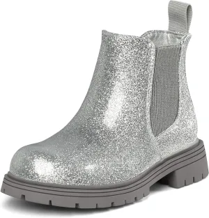 K KomForme Girls Glitter Ankle Boots Side Zipper Chelsea Booties Lug Sole (Toddler/Little Kids/Big Kids)