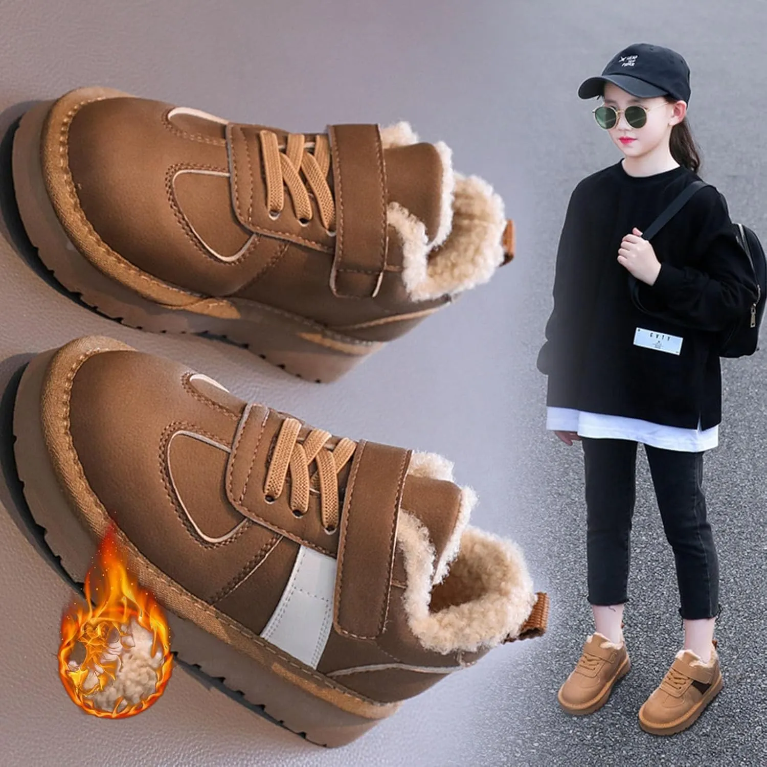 Kids Fleece Warm Lined Sneakers Comfortable Cozy Lightweight Athletic Walking Jogging Sport Shoes Girls Stylish Boots