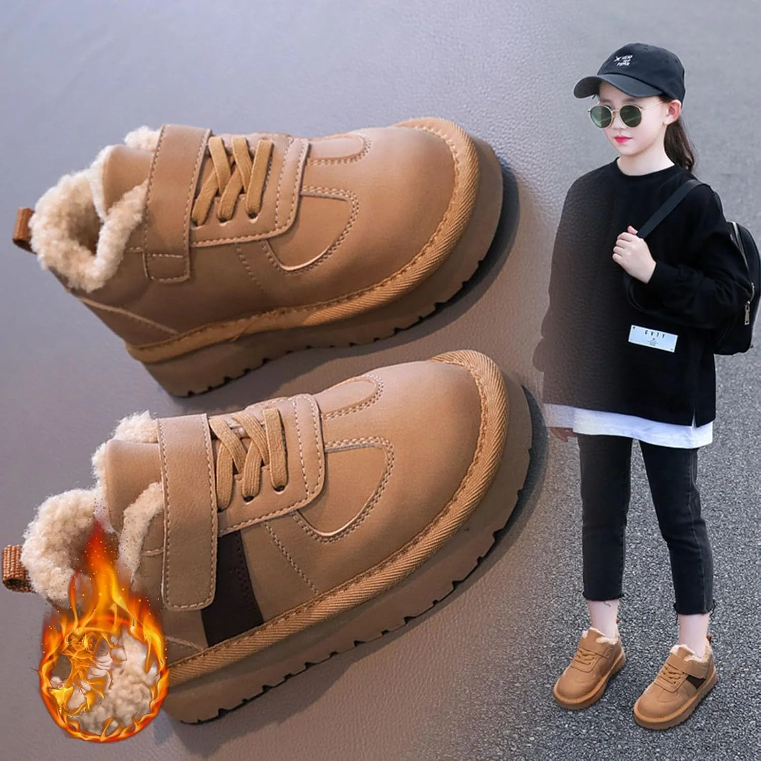 Kids Fleece Warm Lined Sneakers Comfortable Cozy Lightweight Athletic Walking Jogging Sport Shoes Girls Stylish Boots
