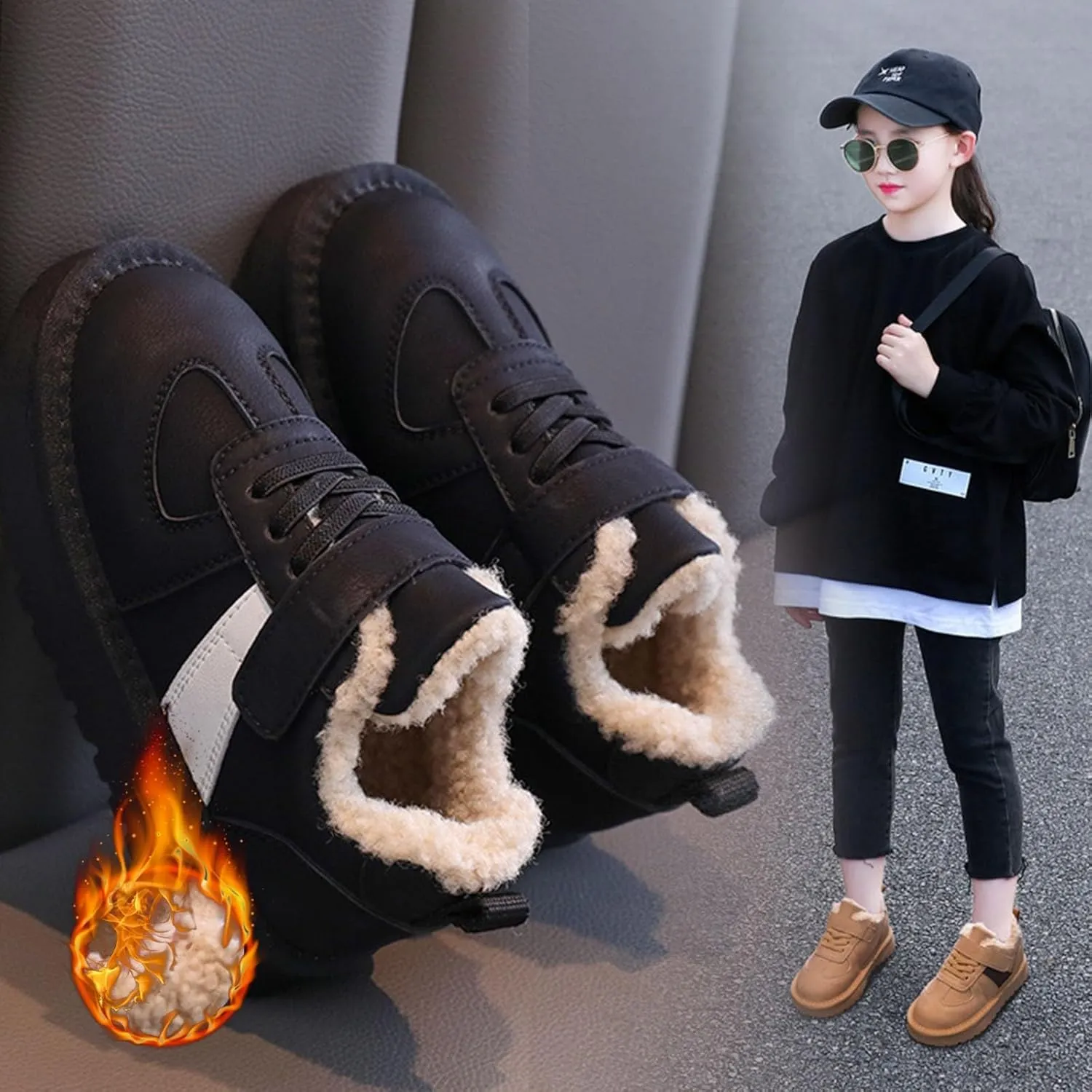 Kids Fleece Warm Lined Sneakers Comfortable Cozy Lightweight Athletic Walking Jogging Sport Shoes Girls Stylish Boots