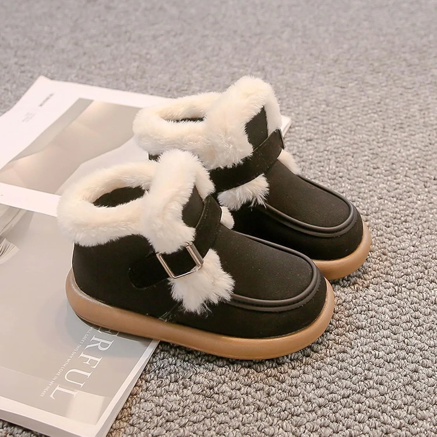 Kids Furry Warm Winter Ankle Boots Boys Girls Cozy Fleece Plush Soft Fuzzy Fr Collar Casual Boots for Toddler Boys