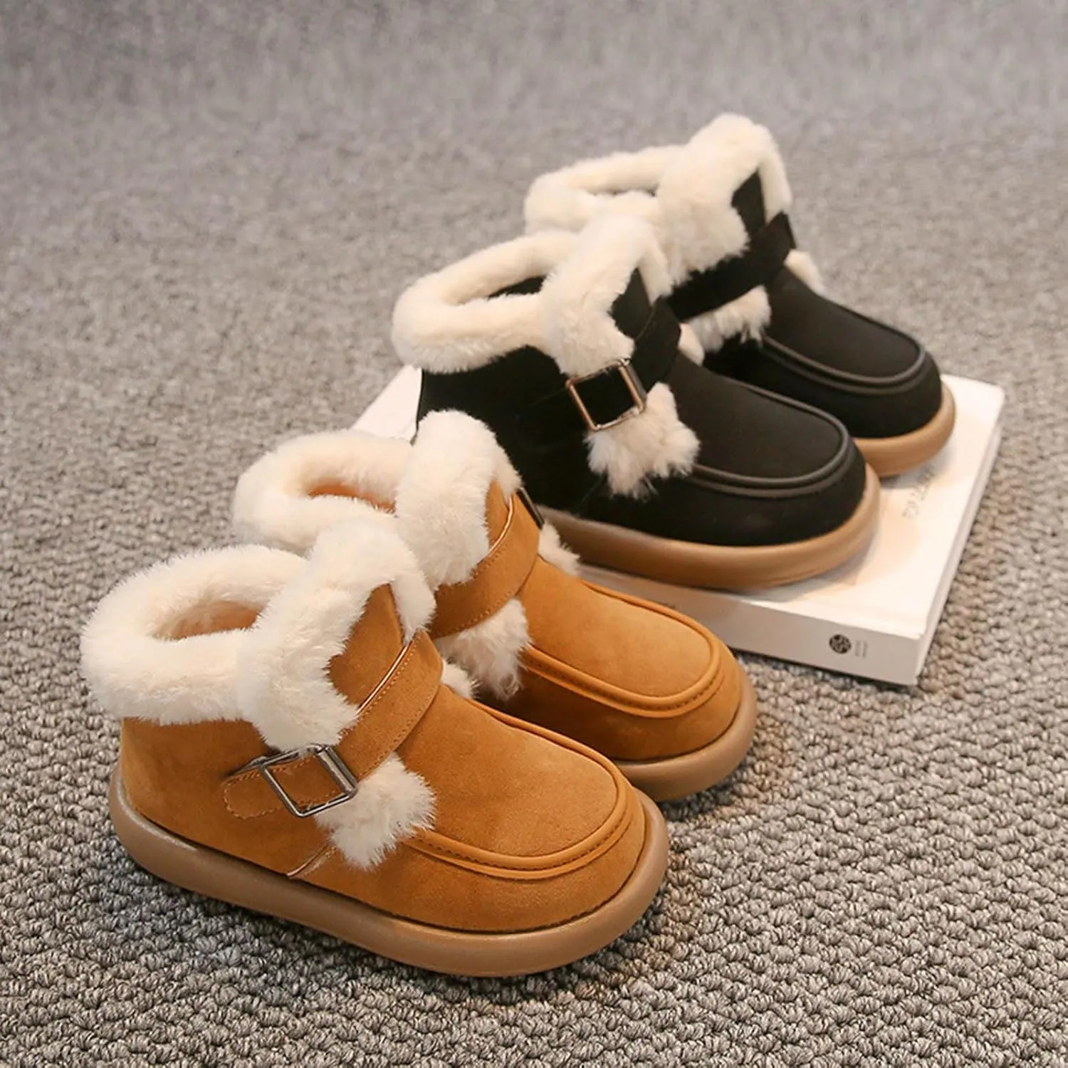 Kids Furry Warm Winter Ankle Boots Boys Girls Cozy Fleece Plush Soft Fuzzy Fr Collar Casual Boots for Toddler Boys