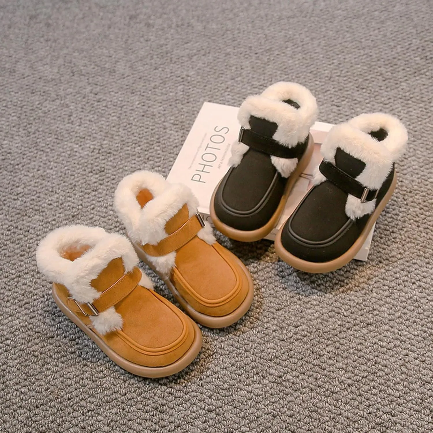 Kids Furry Warm Winter Ankle Boots Boys Girls Cozy Fleece Plush Soft Fuzzy Fr Collar Casual Boots for Toddler Boys