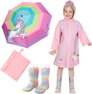 Kids Unicorn Folding Umbrella Raincoat and Rain Boots Set Rainbow Color Waterproof Rain Boots with Easy on Handles Toddler Unicorn Umbrellas and Raincoat for Girls 5-7 Year