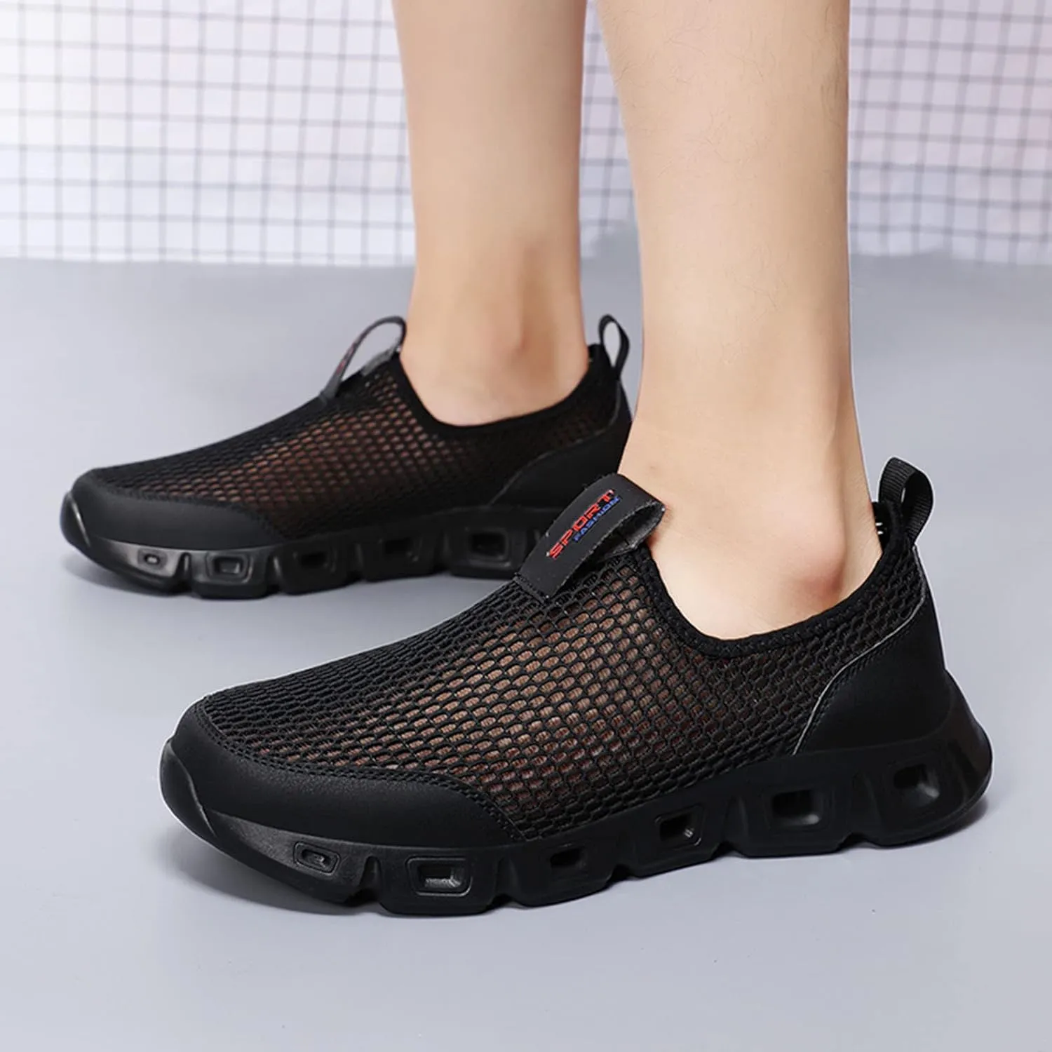 Men's Breathable Mesh Sports Shoes Convenient Slip On Hollow Sneakers Comfortable Walking Shoe Soft Elderly Shoes