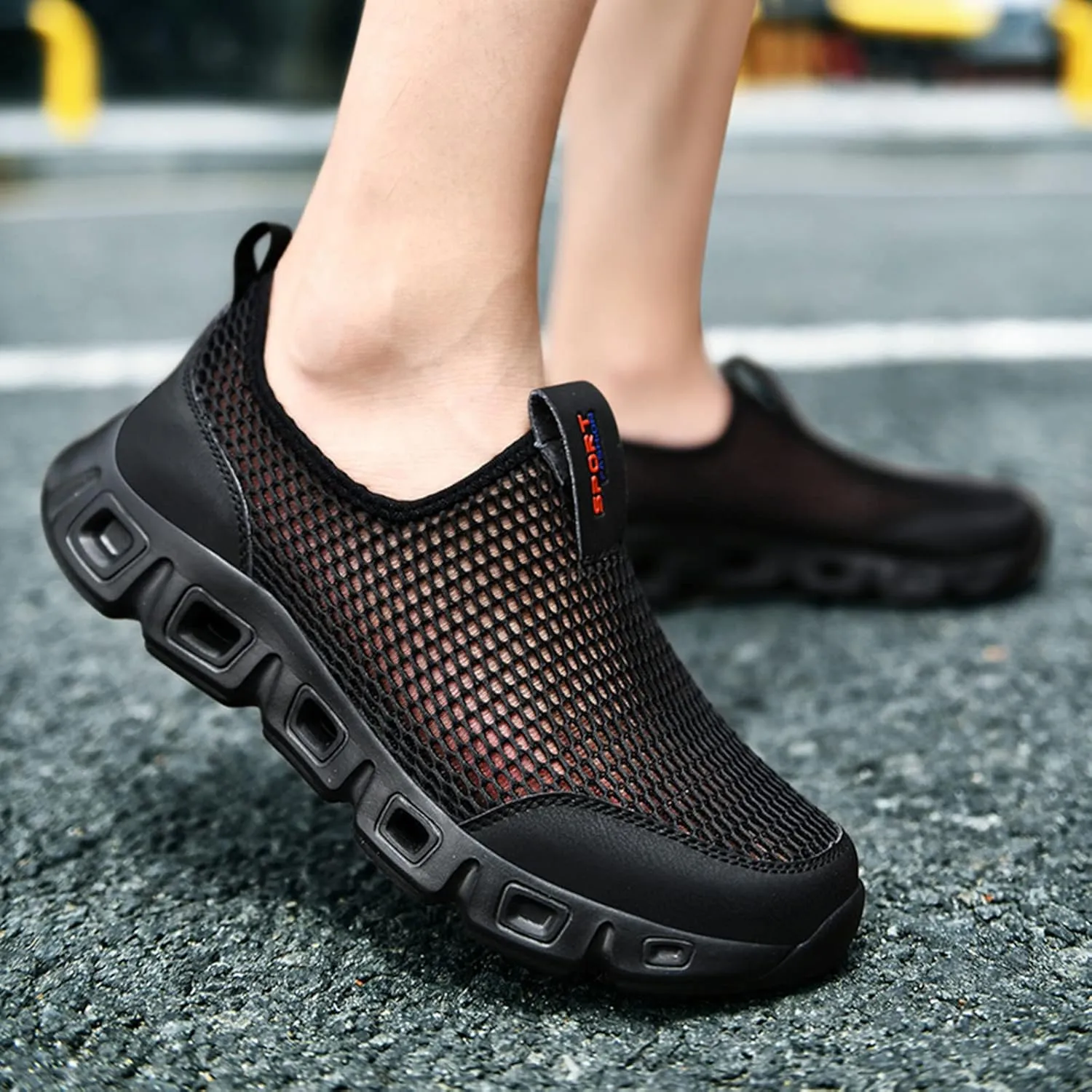 Men's Breathable Mesh Sports Shoes Convenient Slip On Hollow Sneakers Comfortable Walking Shoe Soft Elderly Shoes