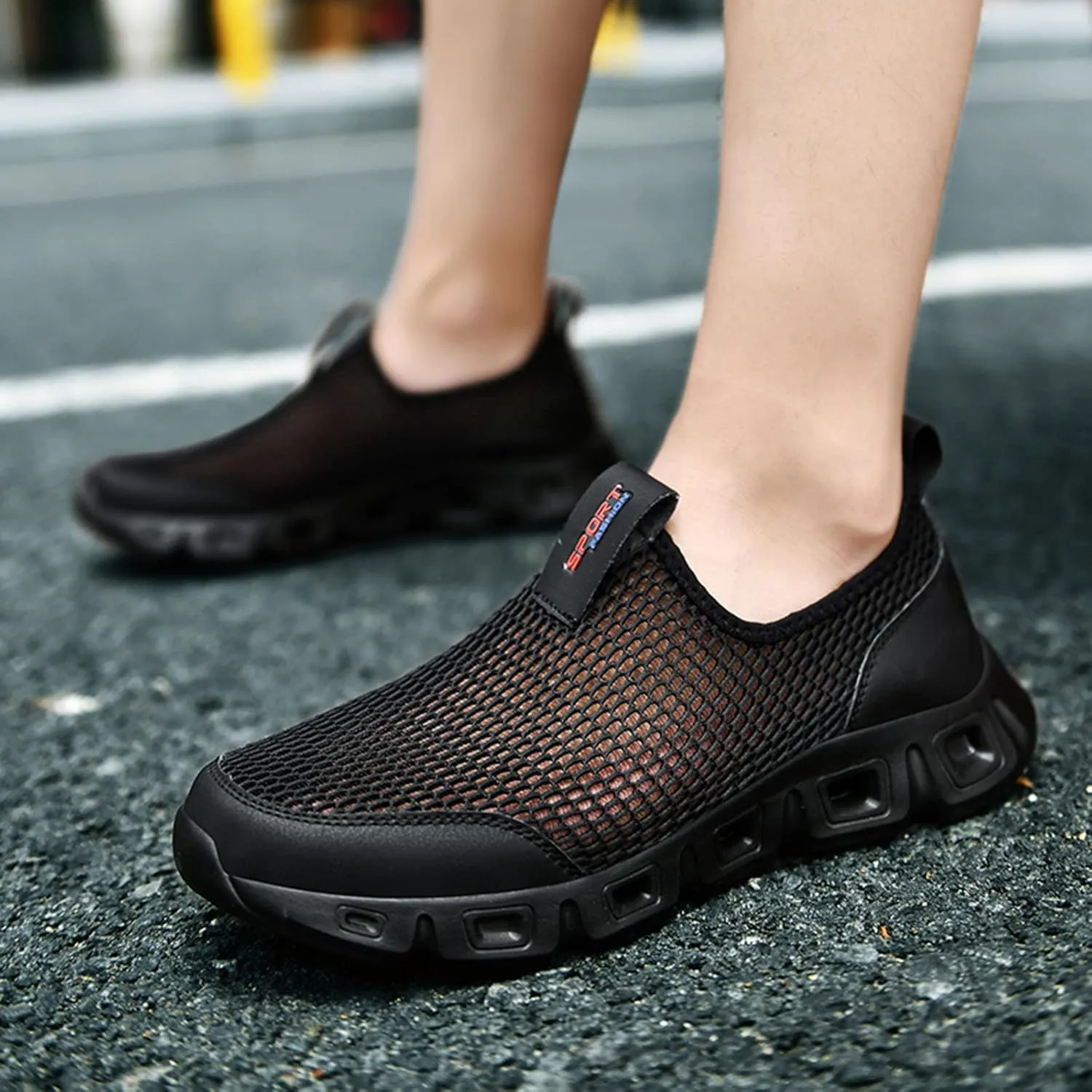 Men's Breathable Mesh Sports Shoes Convenient Slip On Hollow Sneakers Comfortable Walking Shoe Soft Elderly Shoes