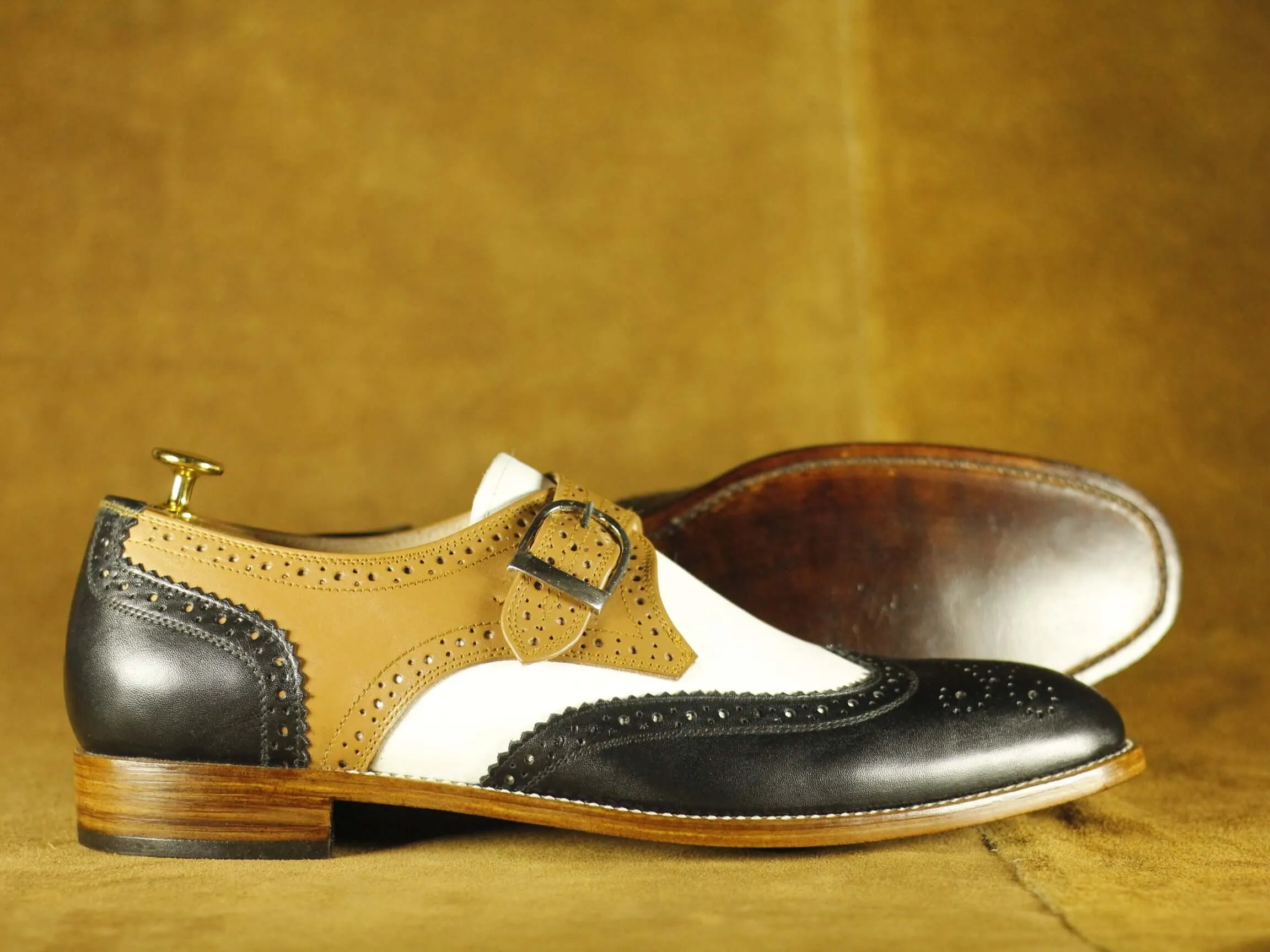 Men's Multi Colour Wing Tip Monk Strap Shoes,Handmade Party Shoes