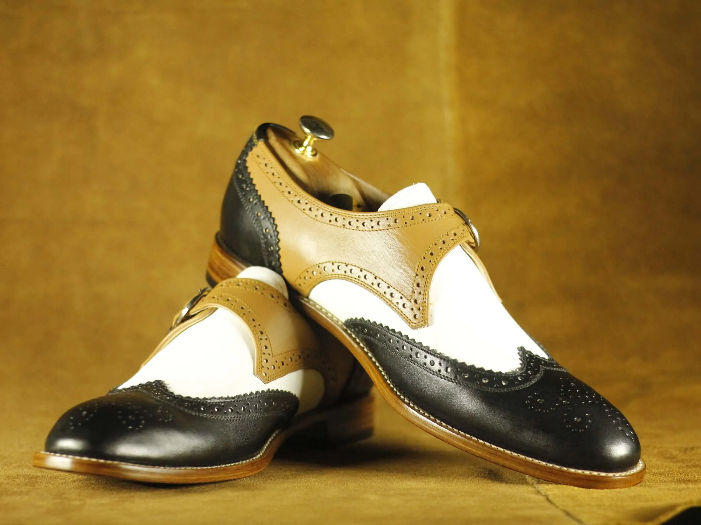 Men's Multi Colour Wing Tip Monk Strap Shoes,Handmade Party Shoes