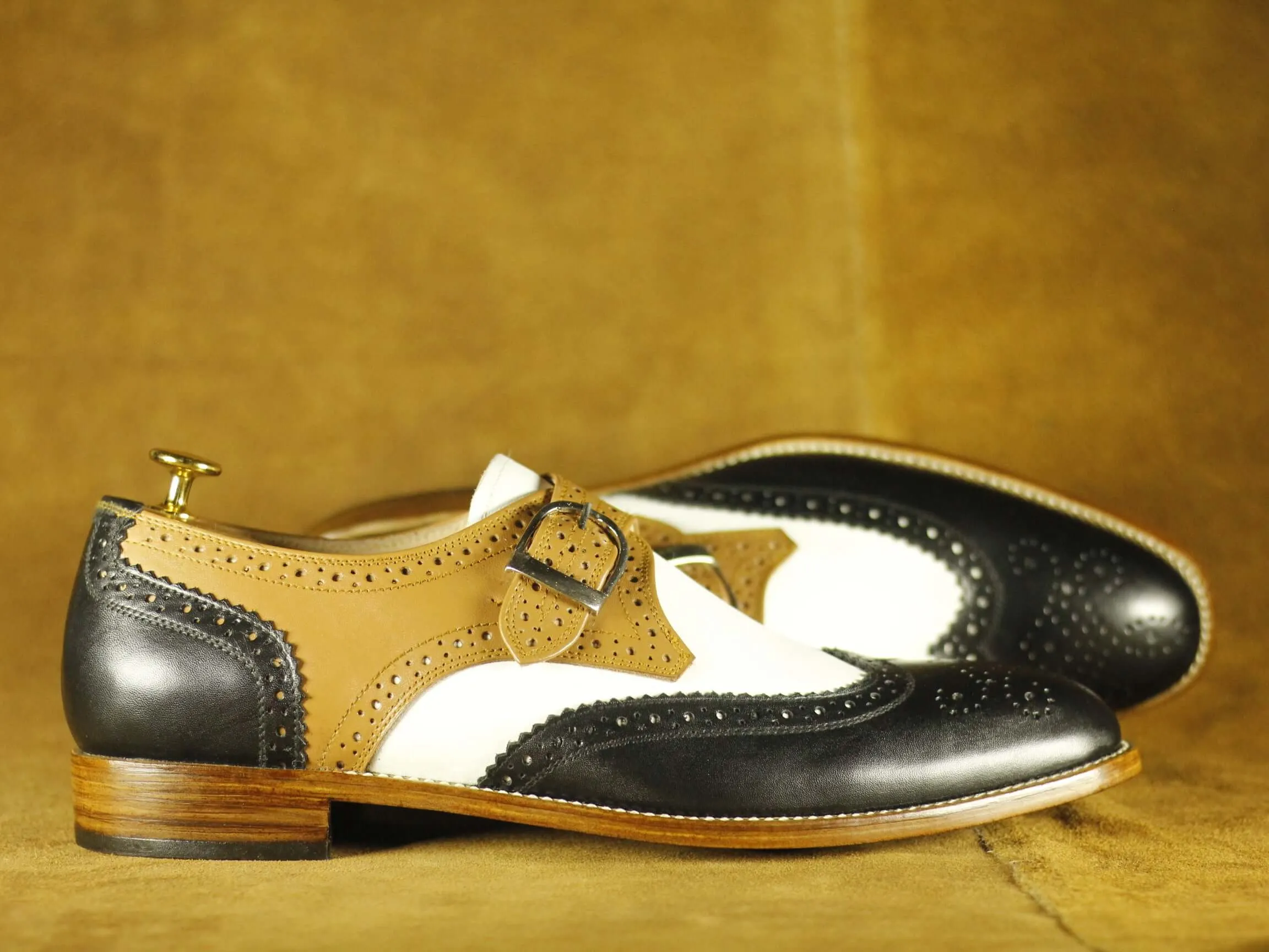 Men's Multi Colour Wing Tip Monk Strap Shoes,Handmade Party Shoes