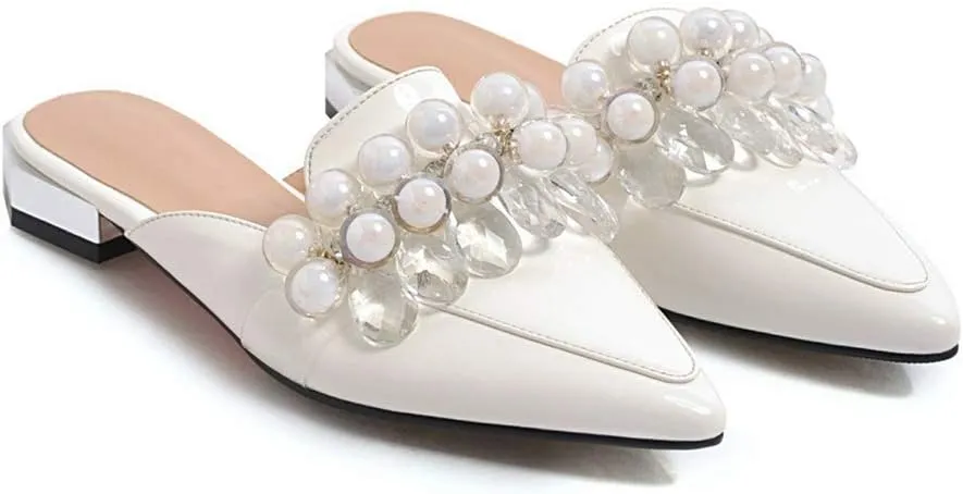 MIOKE Women's Pointed Toe Crystal Mules Flat Slip On Backless Loafer Comfort Low Heel Dress Slipper Shoes