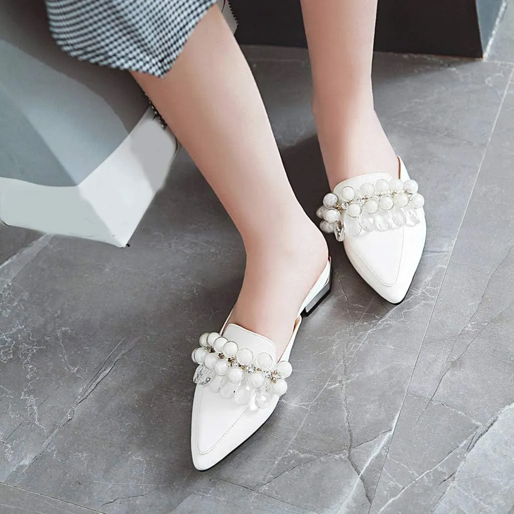 MIOKE Women's Pointed Toe Crystal Mules Flat Slip On Backless Loafer Comfort Low Heel Dress Slipper Shoes