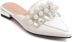 MIOKE Women's Pointed Toe Crystal Mules Flat Slip On Backless Loafer Comfort Low Heel Dress Slipper Shoes