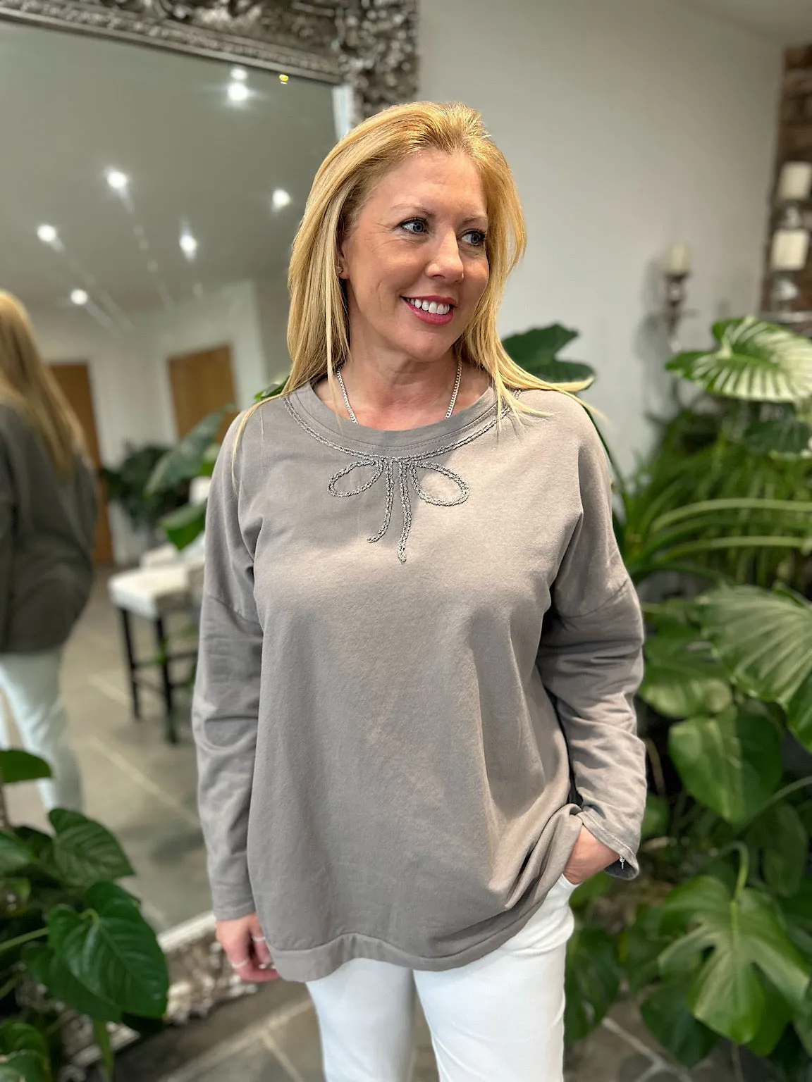 Mocha Bow Detail Sweat Top Janey