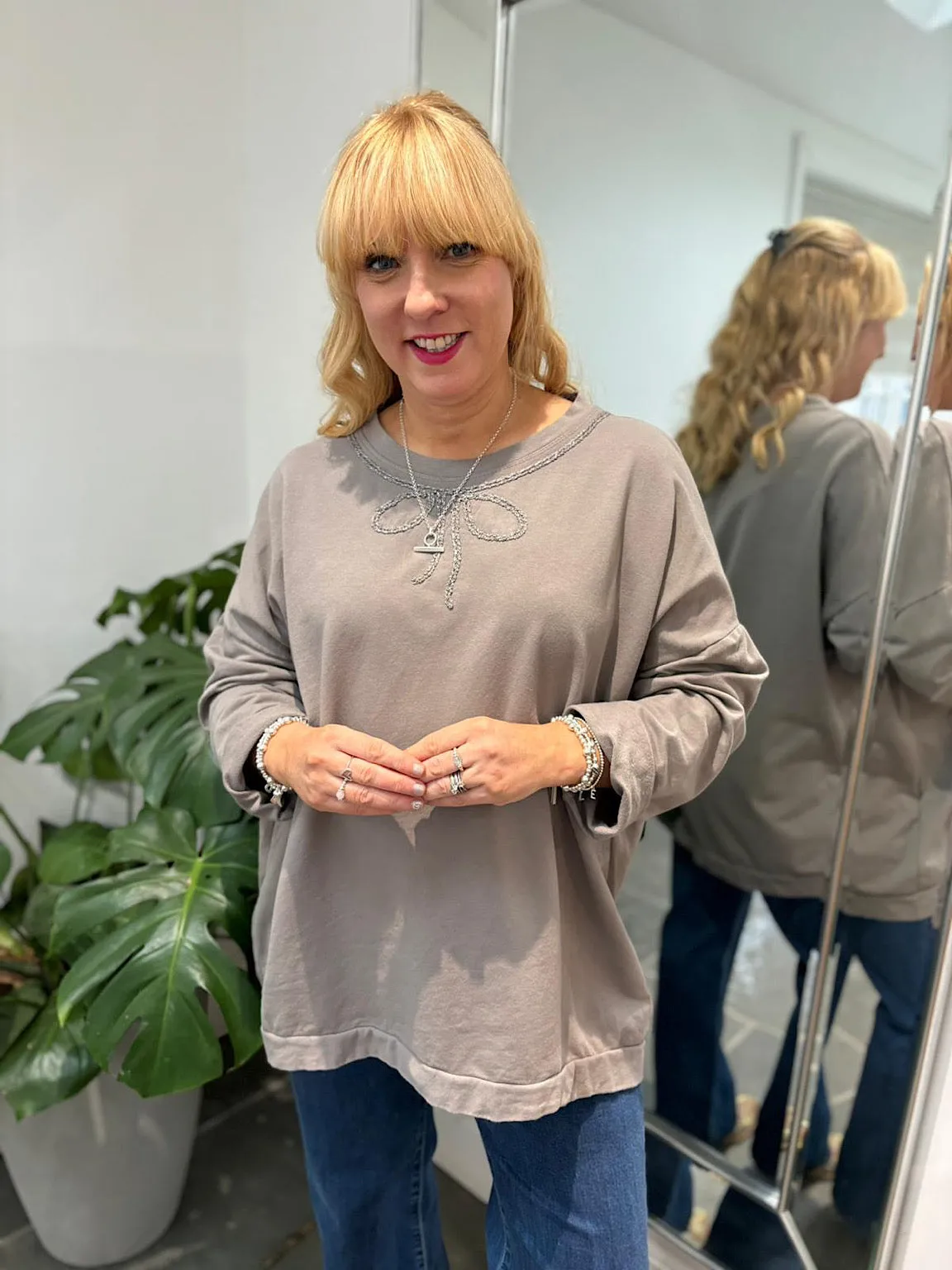 Mocha Bow Detail Sweat Top Janey