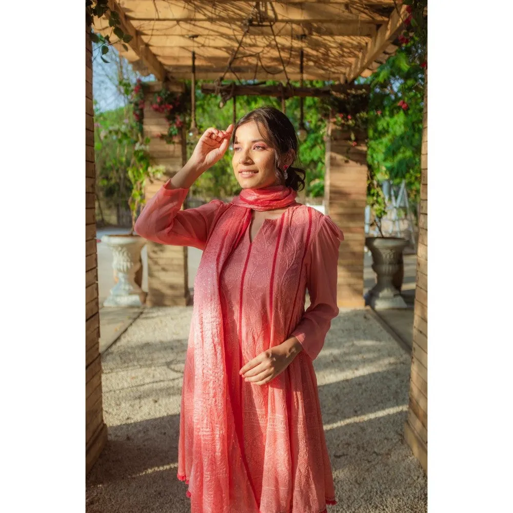 MONK & MEI Mumtaz Chikankari Anarkali Kurta Pants Peach Melon (Set of 2)