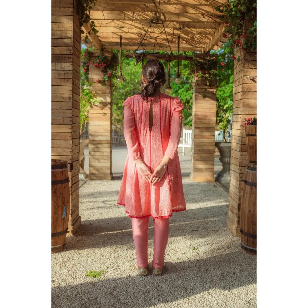 MONK & MEI Mumtaz Chikankari Anarkali Kurta Pants Peach Melon (Set of 2)