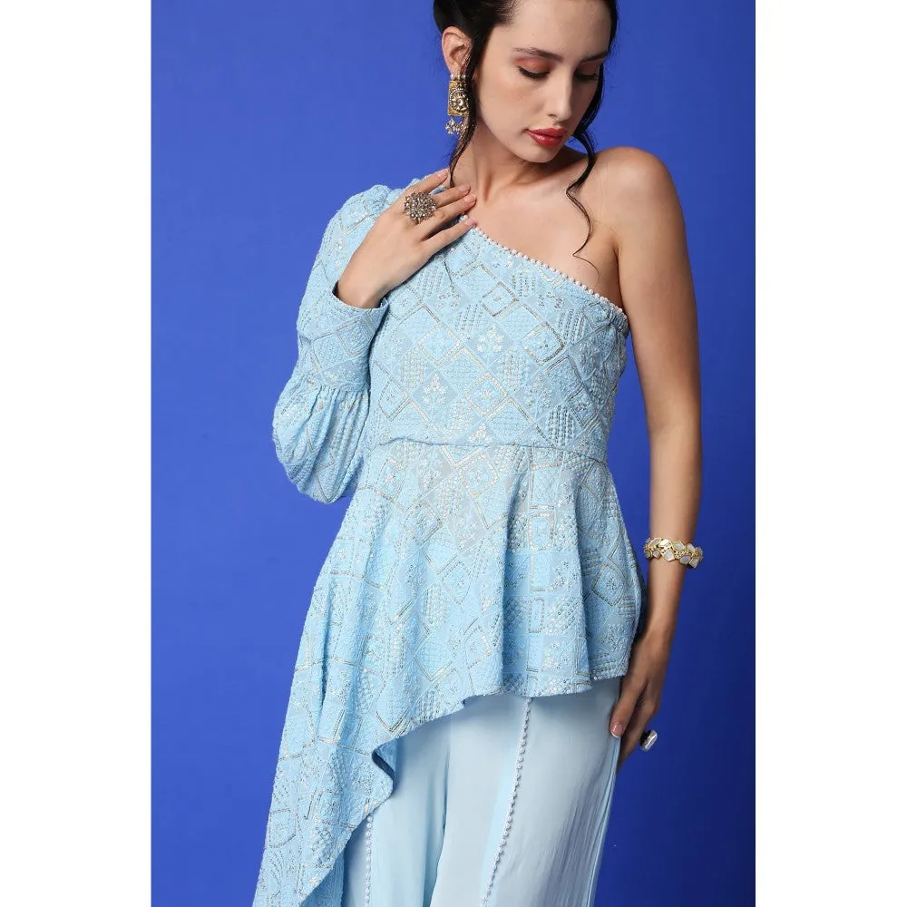 MONK & MEI Zeenat Chikankari Top & Palazzo Set - Ice Blue